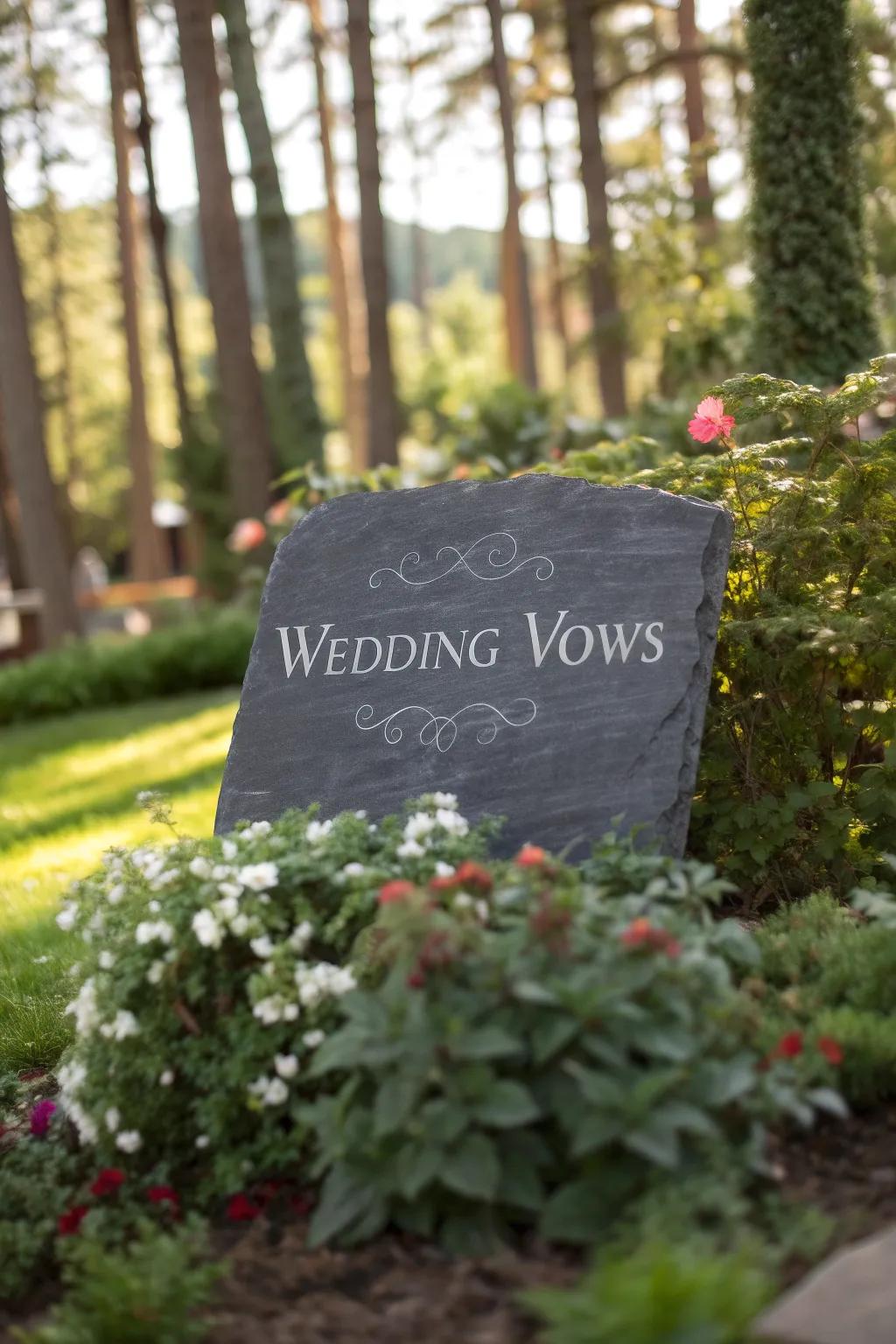 Elegant mineral tile vows blending with natural garden beauty.