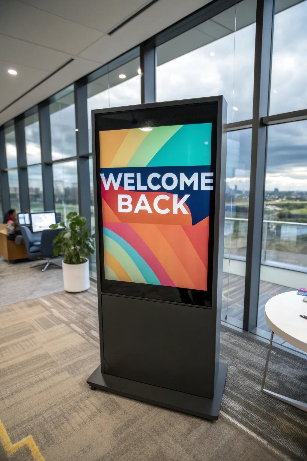 A digital poster provides dynamic welcomes in a tech-savvy office.