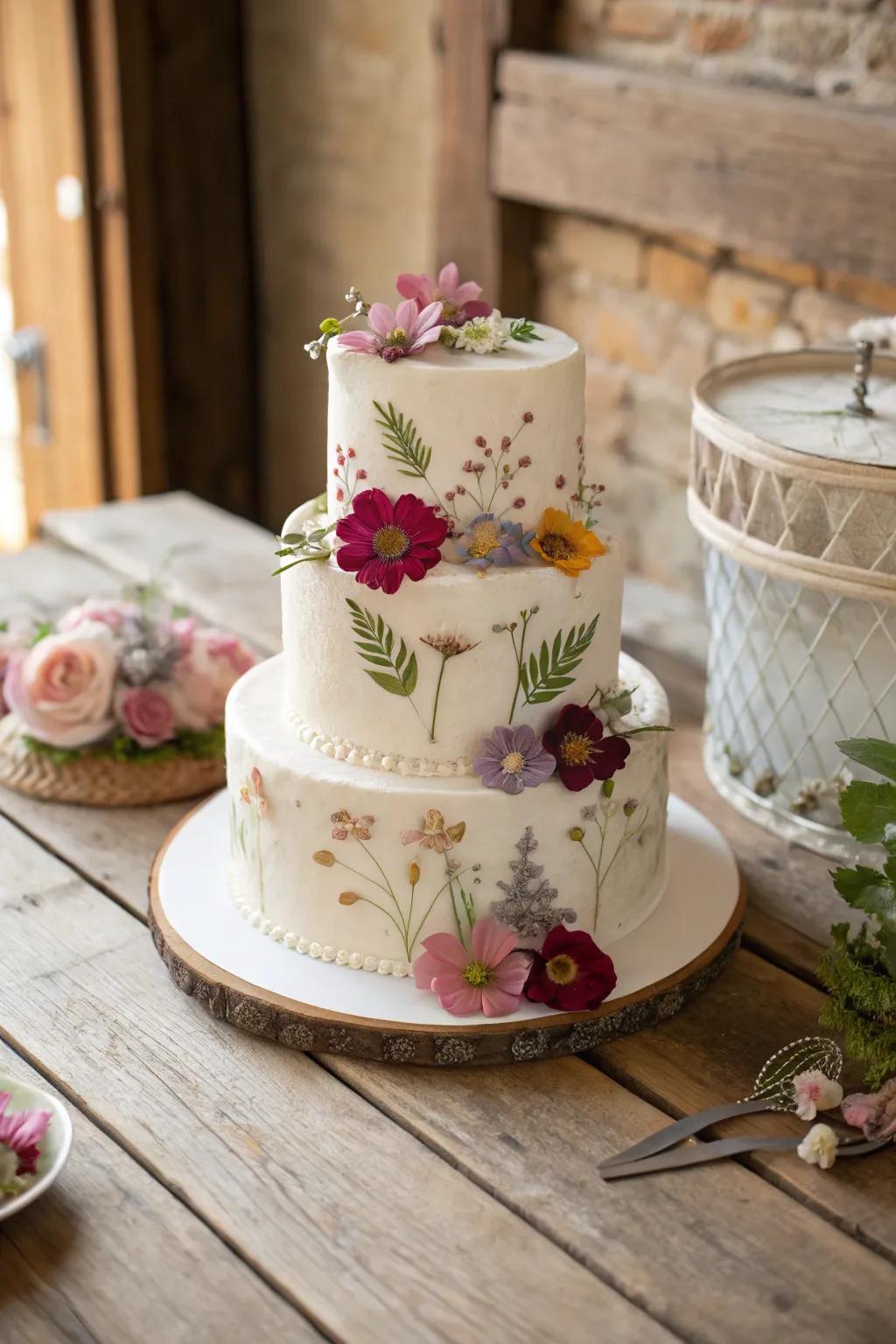 Cake featuring fetching pressed blossoms.