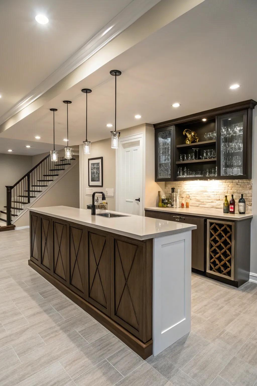 Minimalist design offers a serene and elegant wet bar experience.