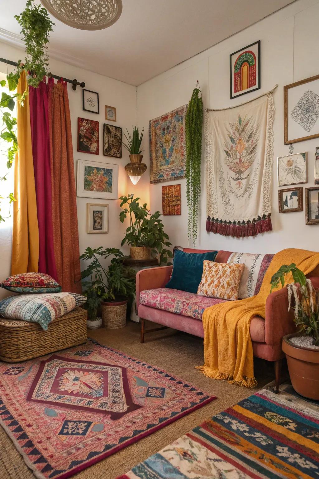 Artistic boho room featuring creative expression.