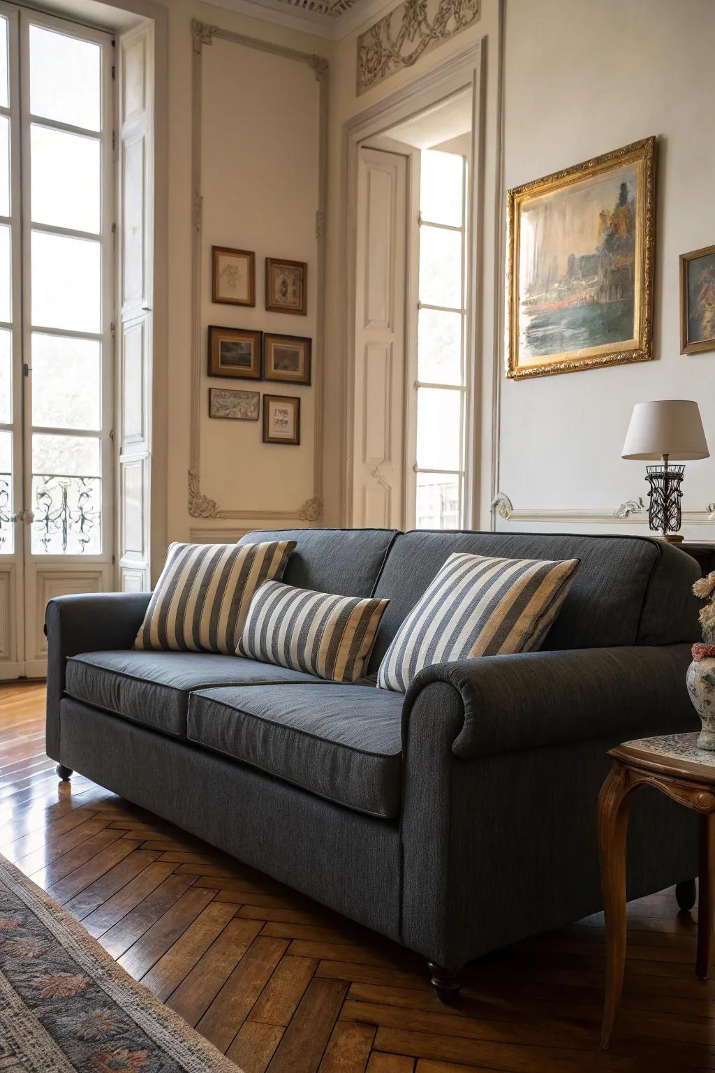 Striped pillows add a touch of timeless elegance.