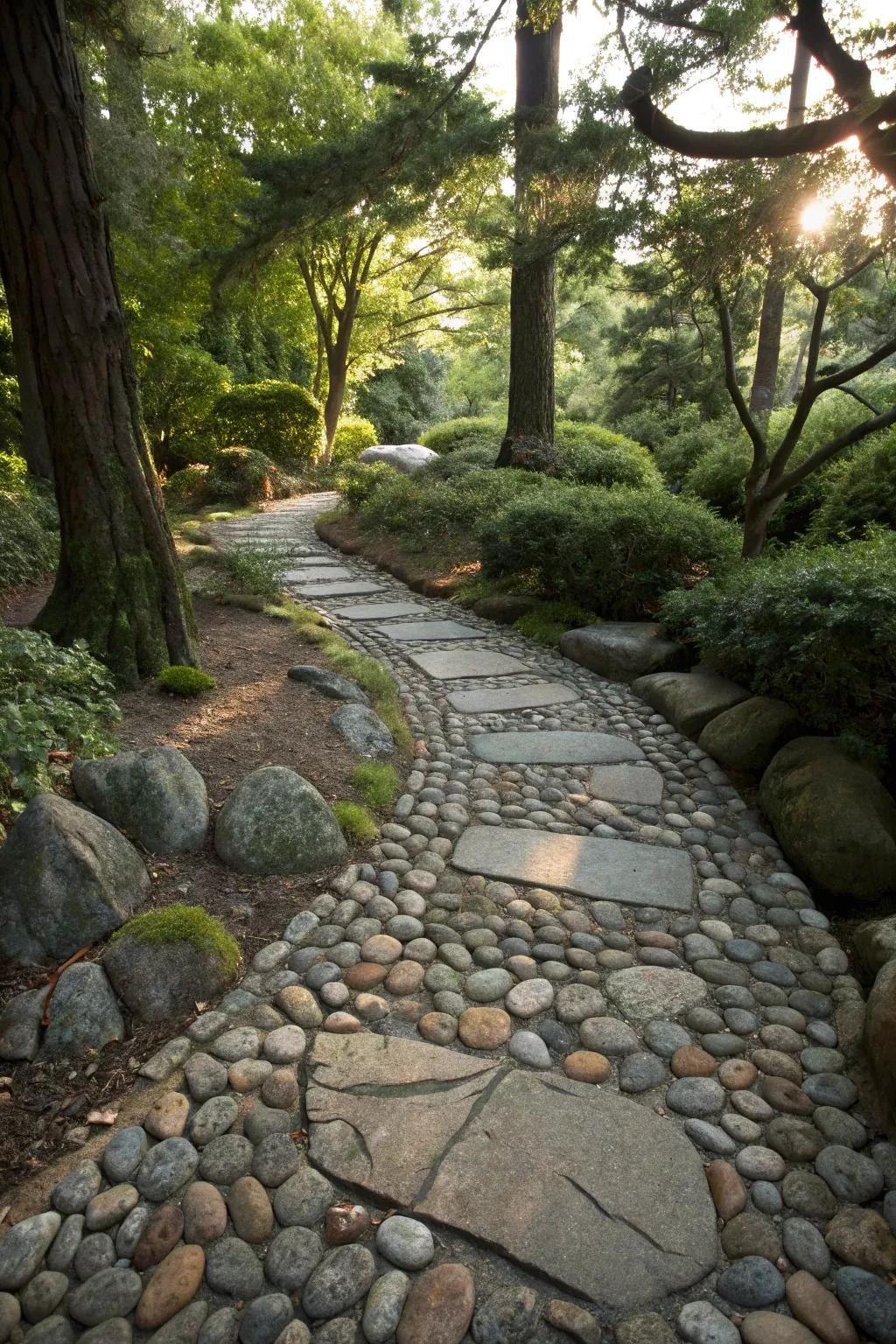 Brook bed stones append tranquility and a Zen sensation to flagstone paths.