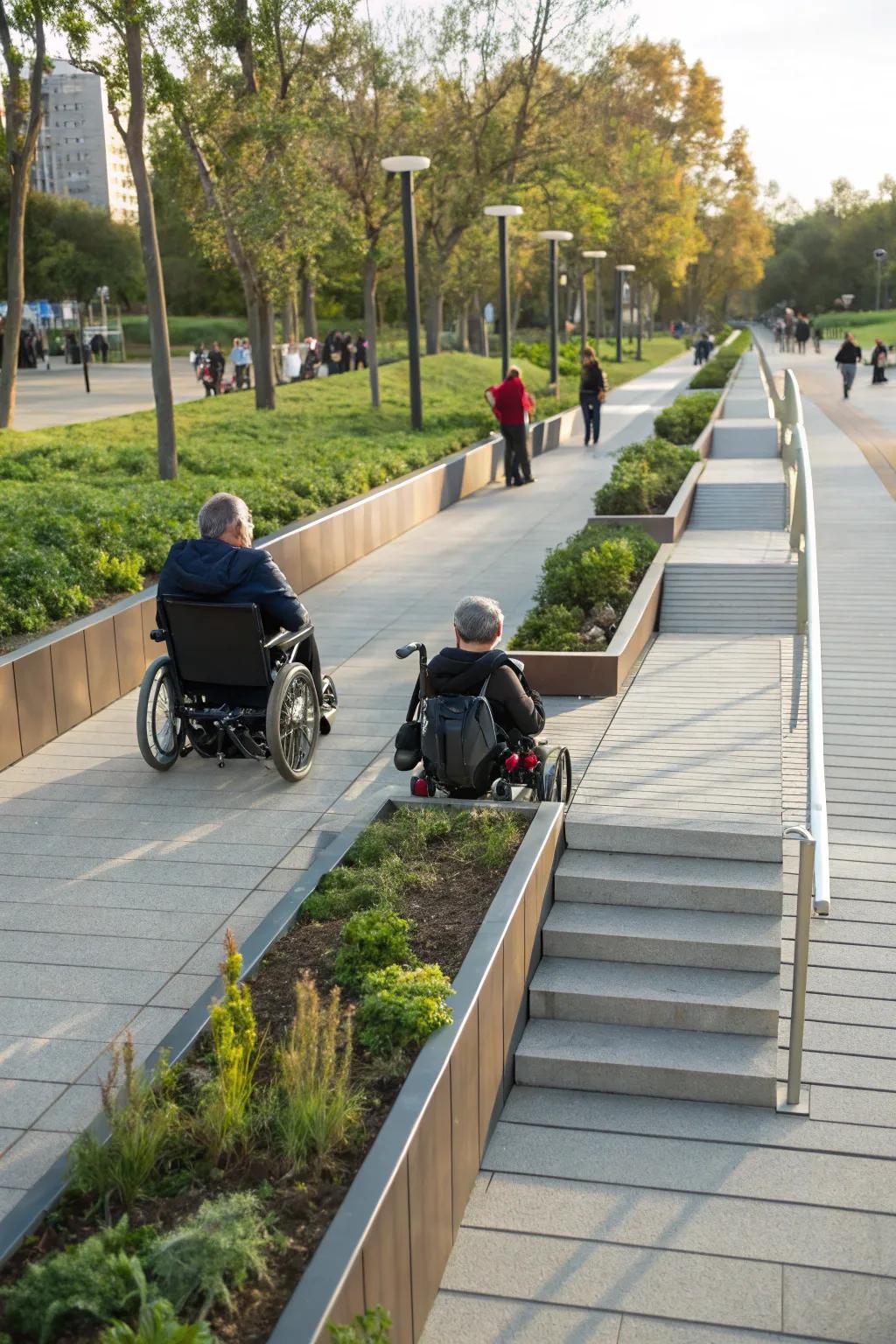 A ramp that serves as both a pathway and a seating area.
