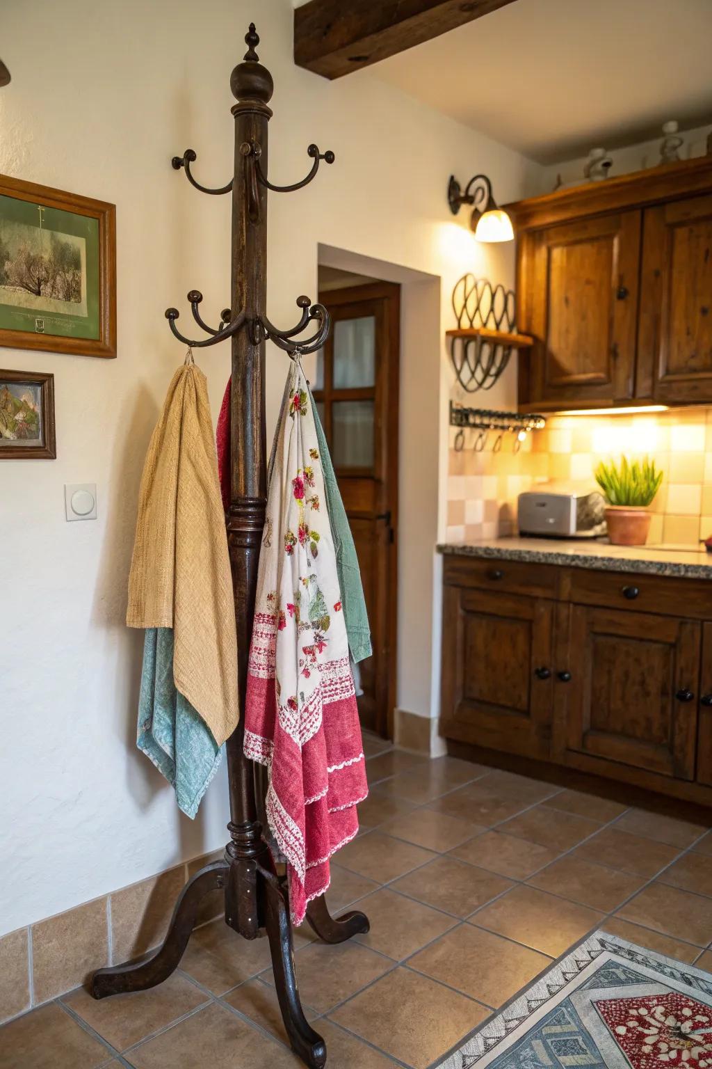 Transform a coat rack into a distinctive cooking area towel keeper for a vintage touch.