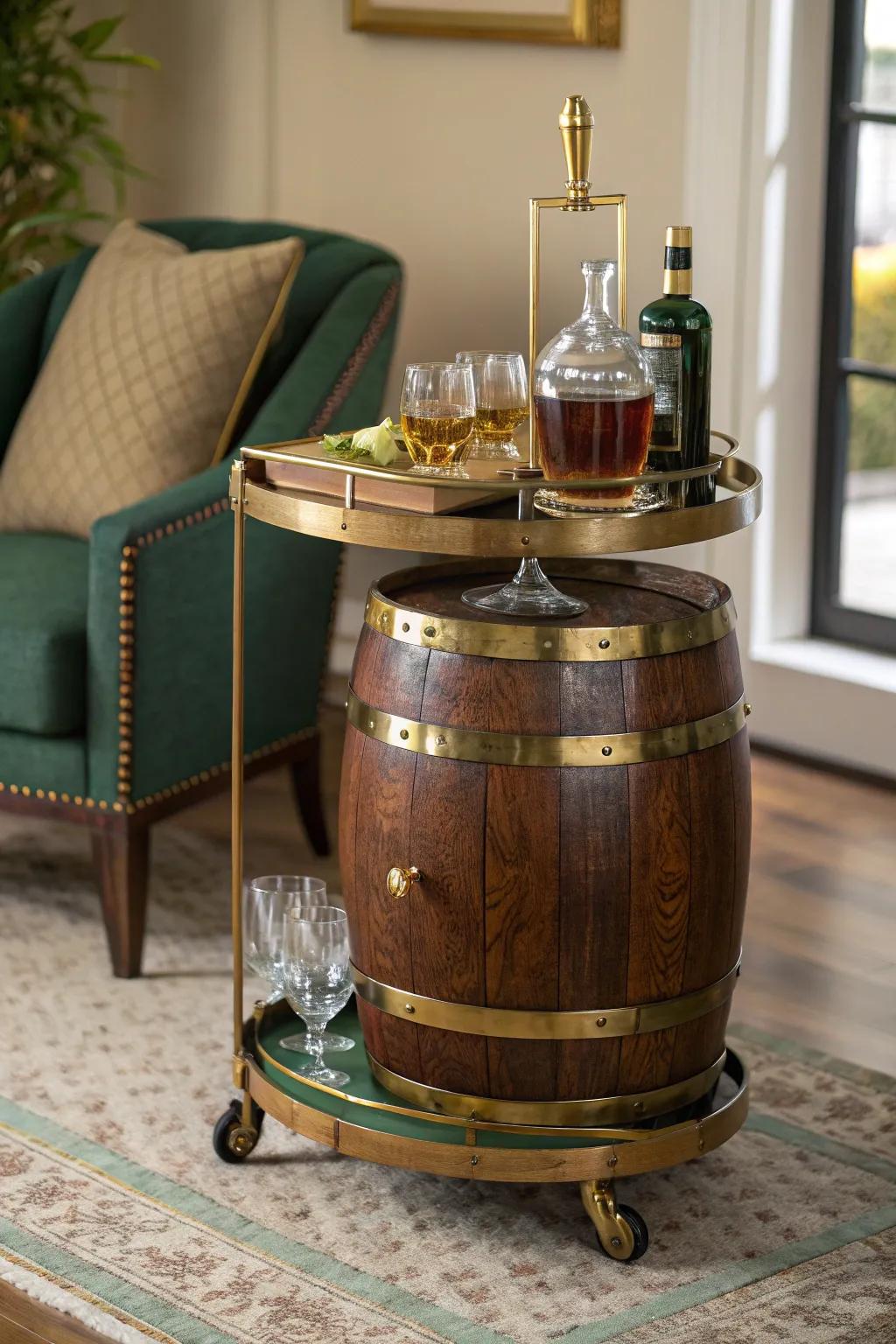 Serve in style with a distiller's barrel bar cart that&rsquo;s both useful and looks great.