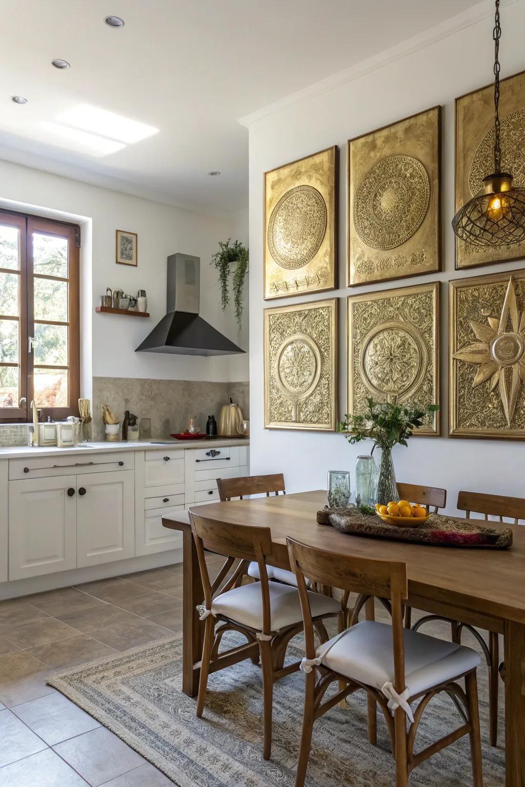 Wall designs accented with gold enhance the character of your kitchen walls.