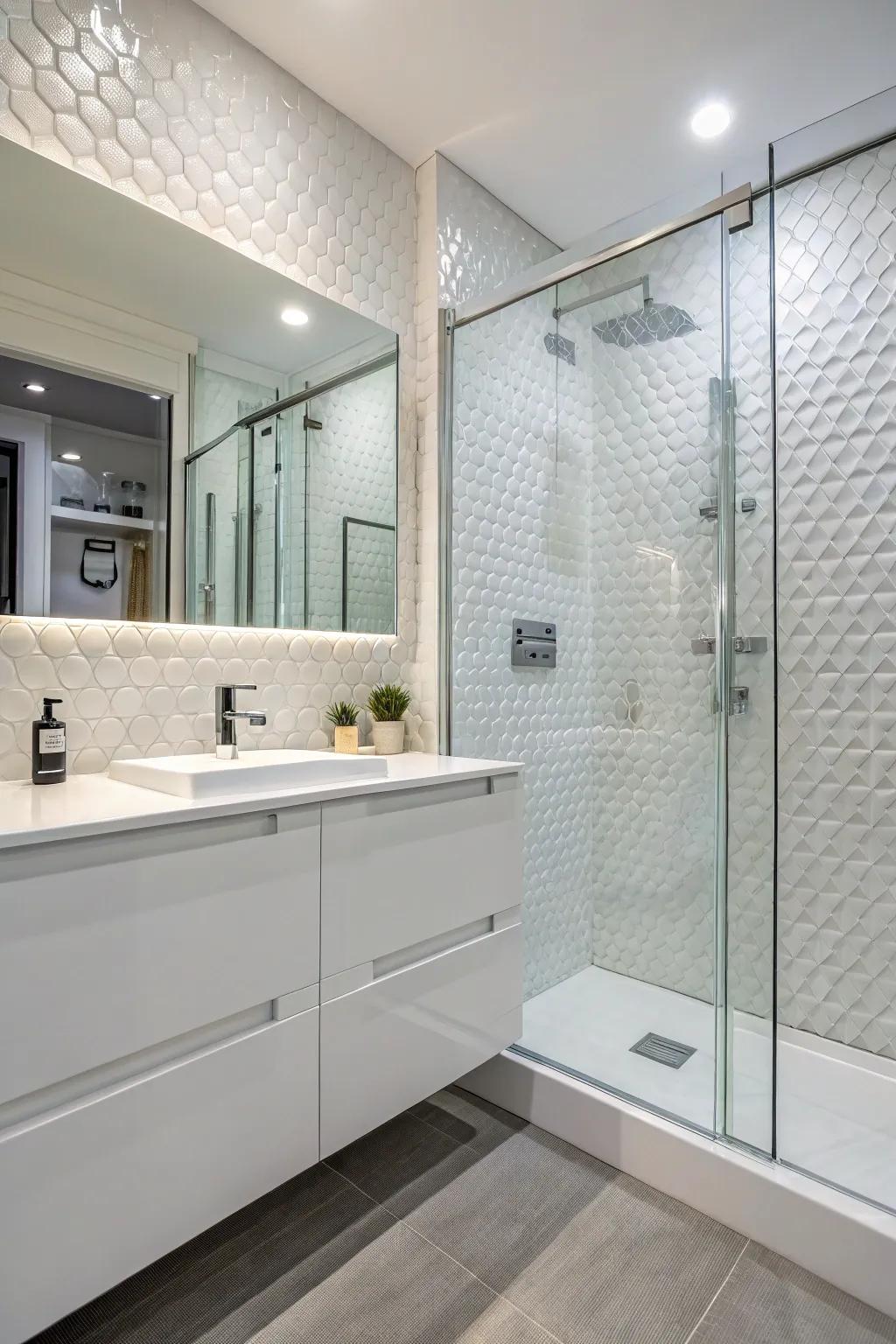 Structured finishes add depth to traditional white tiles.