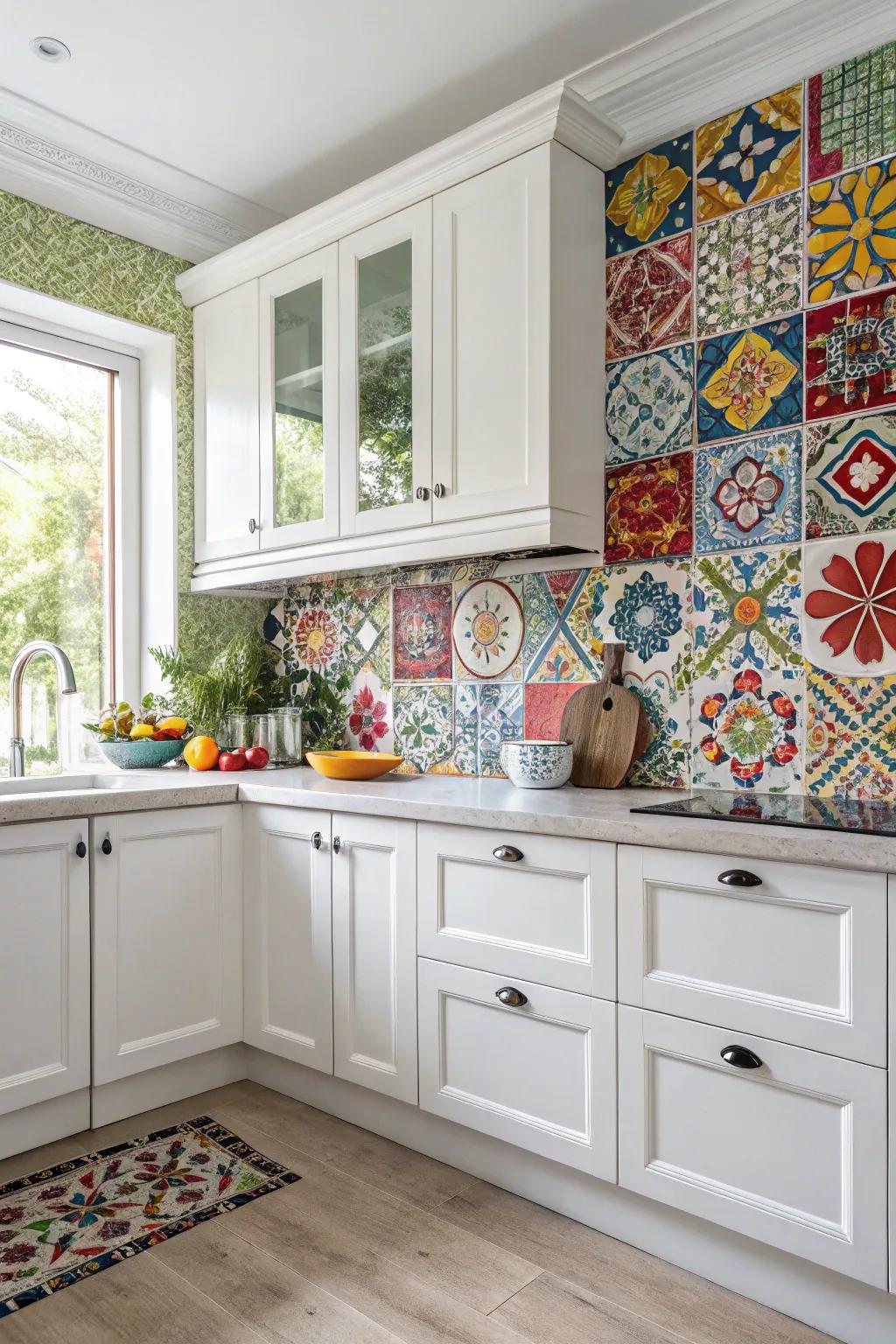 Varied decorative patterns adding character to white cabinets.