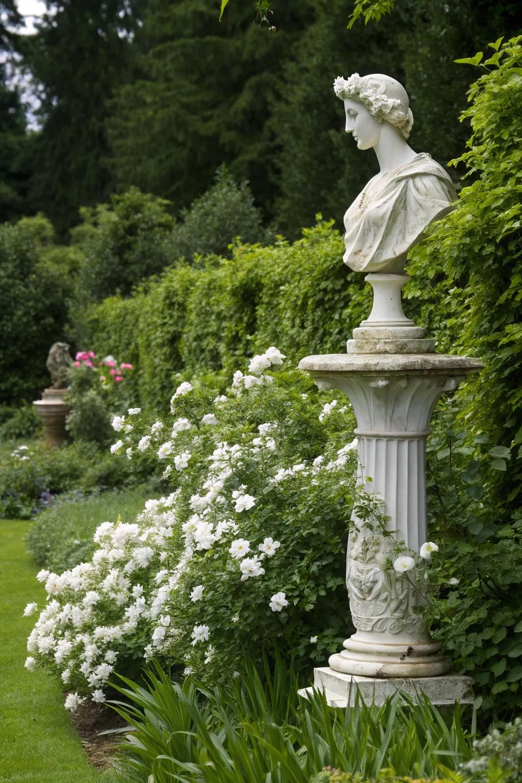 Alabaster garden artistry items append unique visual intrigue to the garden.