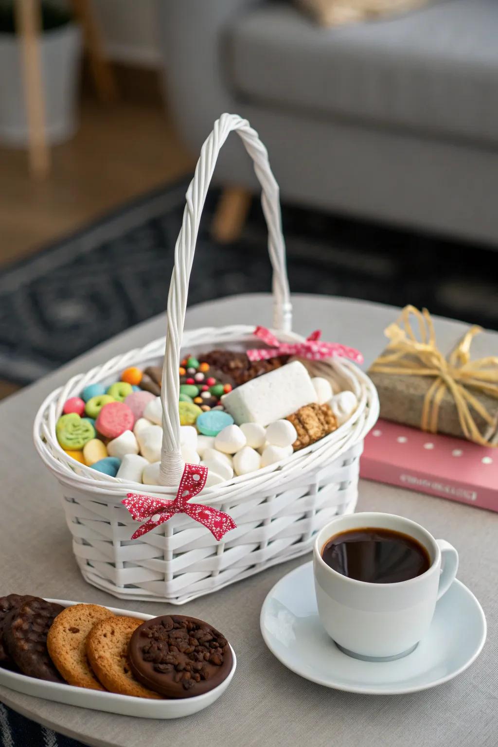 A sweet tooth surprise white gift basket, brimming with the finest indulgent temptations.