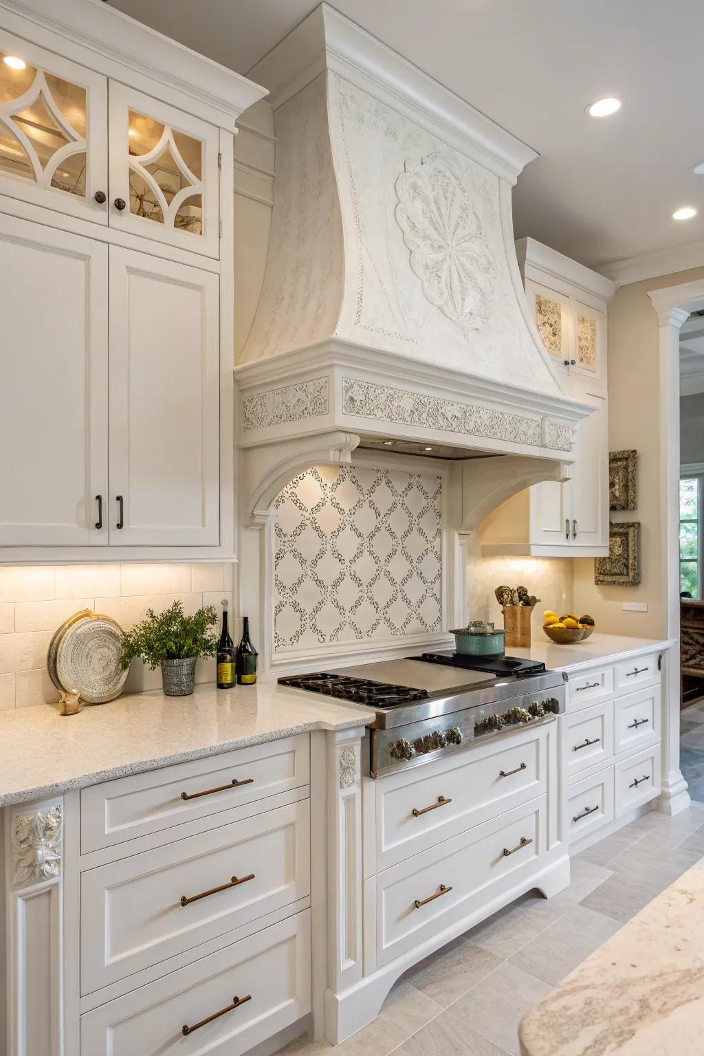 A decorative hood becomes the elegant centerpiece of this white kitchen.