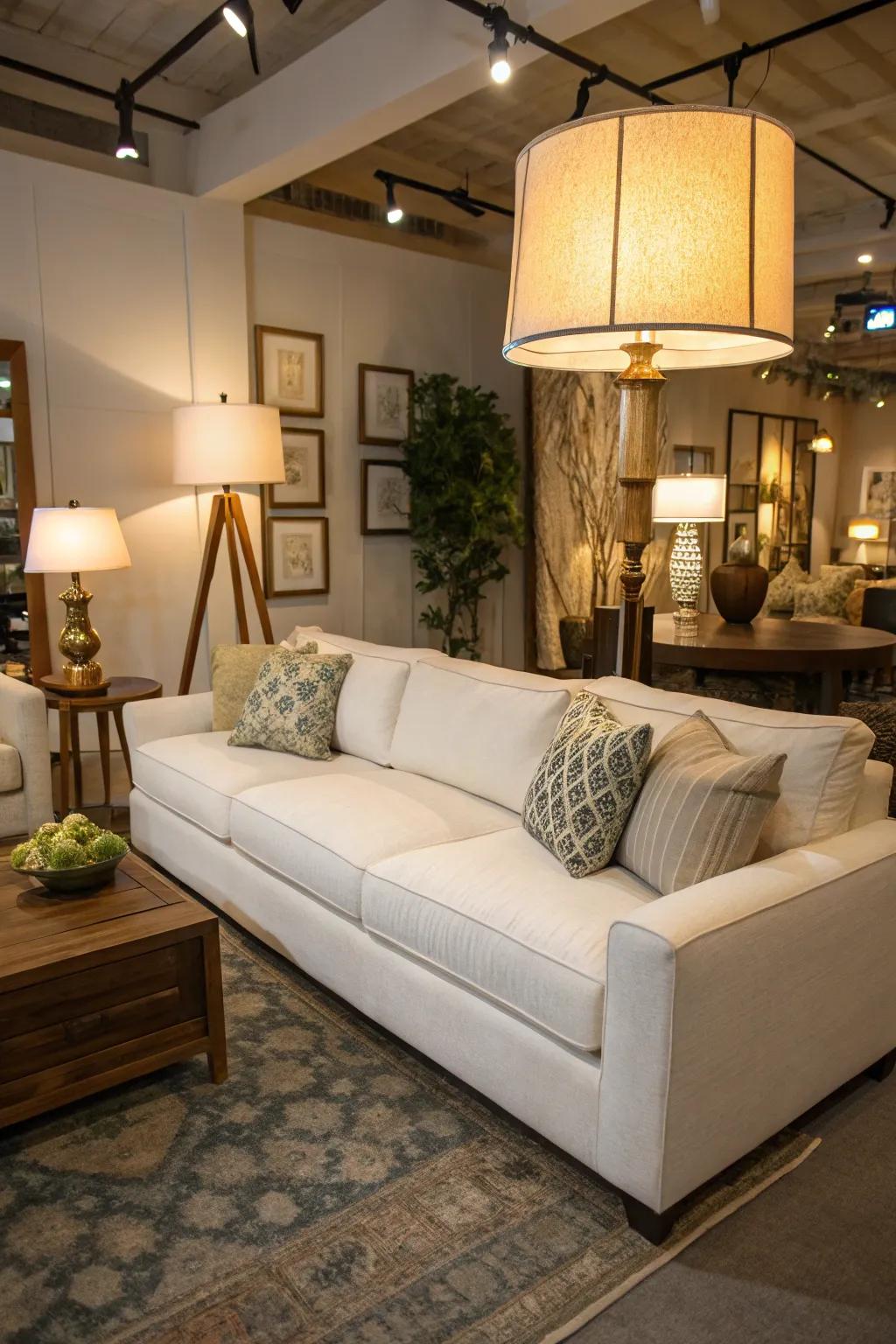 Layered lighting enhances atmosphere in a living space featuring a white modular sofa.