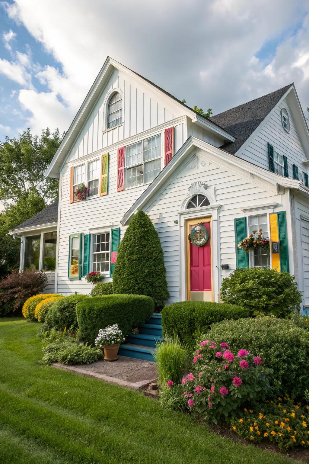 A house with white vinyl siding featuring surprising splashes of color.