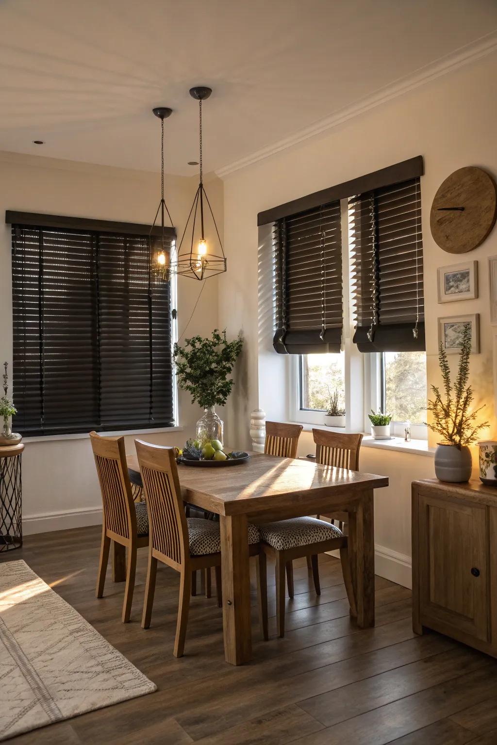 Contrasting blinds adding drama to a dining room.