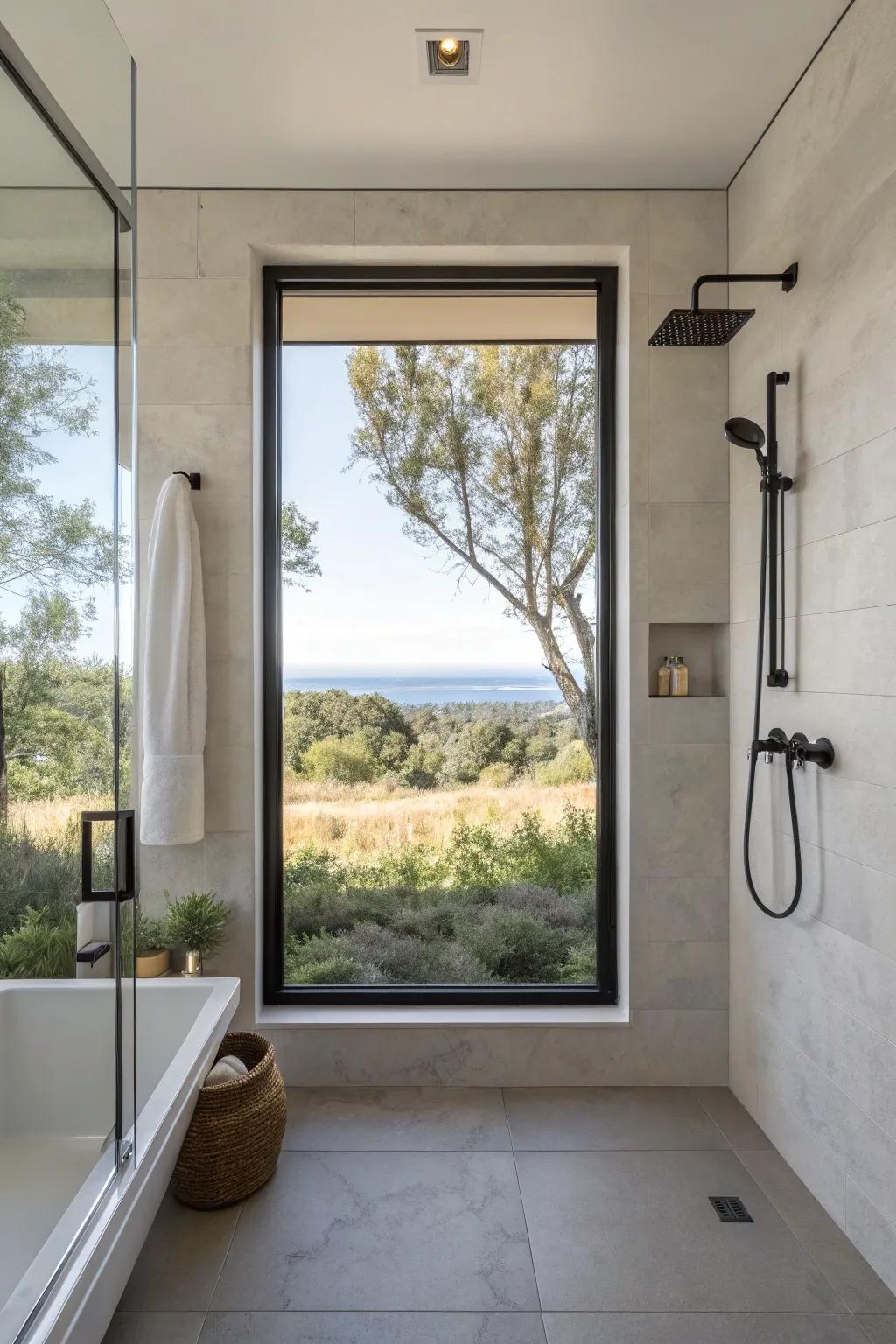 Simple frames highlight the view from the shower window.