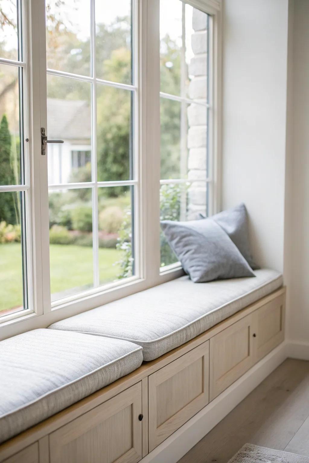 A minimalist window seat with sharp lines and a calming color scheme.