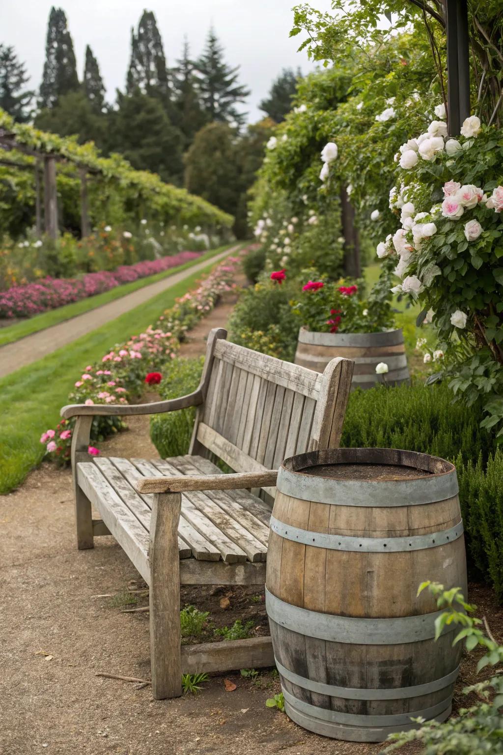 A cozy garden bench making use of wine barrels as a base.