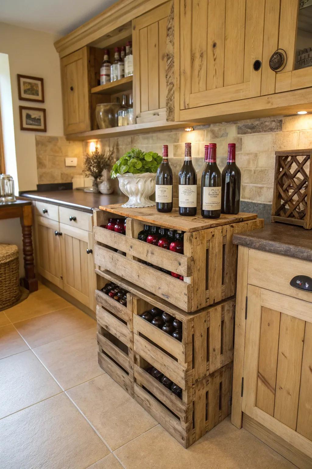 Rustic crates introduce a farmhouse touch to wine storage.