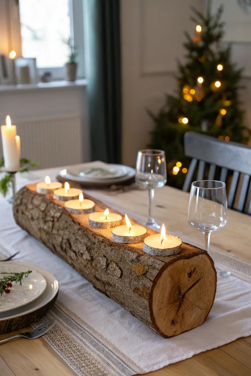 Rustic warmth exhibited by a timber log taper stand.