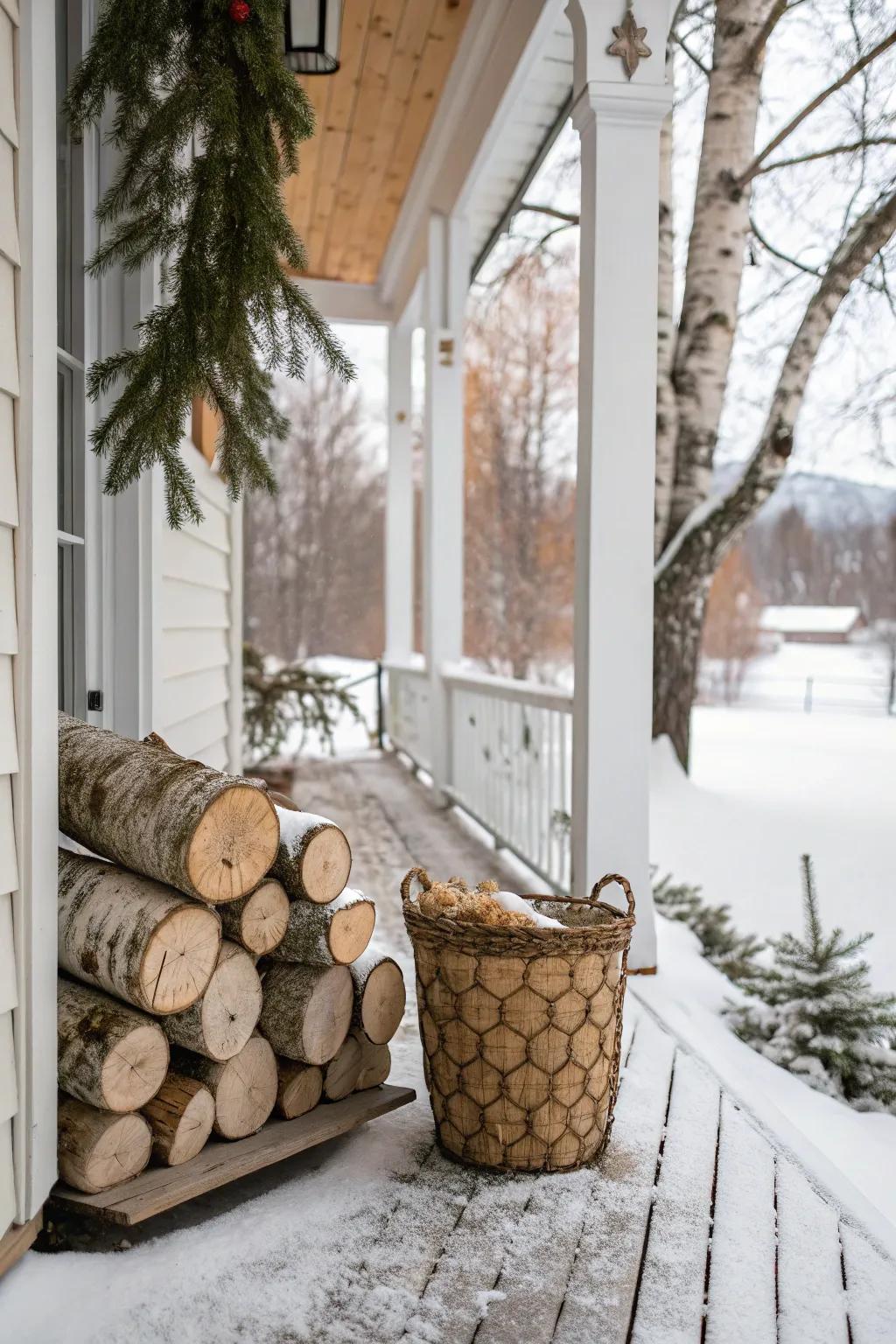 Stacked birch timbers contribute countryside charm onto this winter porch.