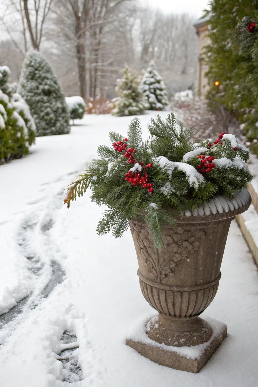 Imitation snow transforms planters into a winter dreamland.