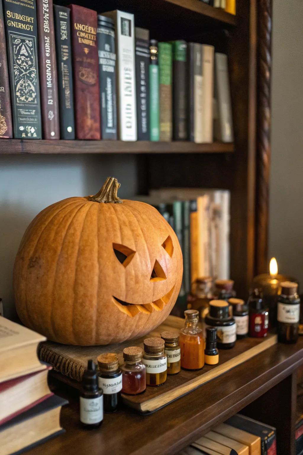Pumpkin surrounded by enchanting alchemic phials.