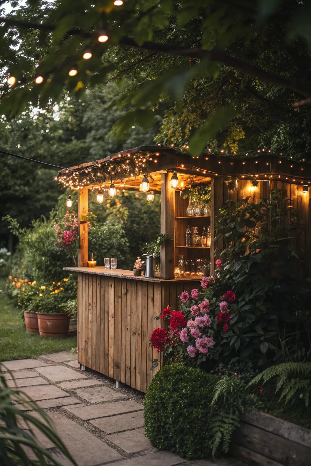 A wondrous garden bar decorated with fairy lights.