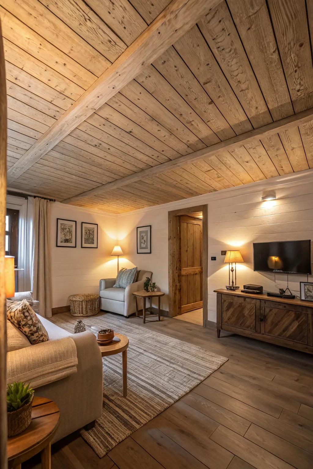 Textured boards fashion a snug atmosphere.