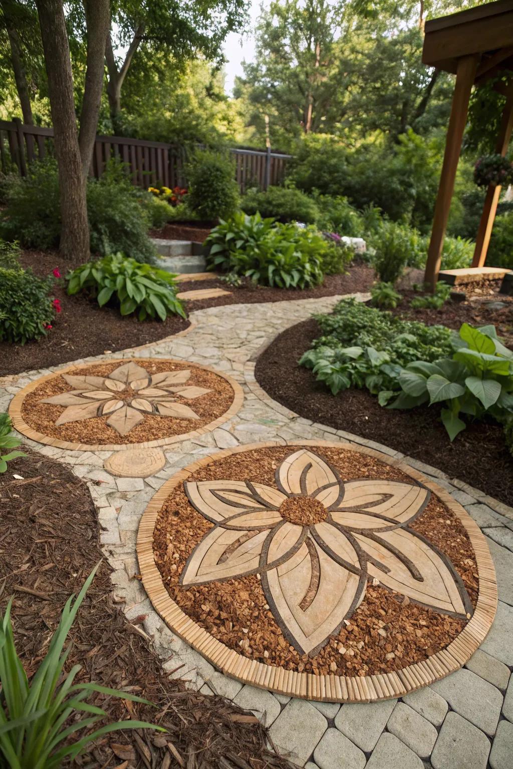 Wood chips introduce texture and contrast to garden art pieces.