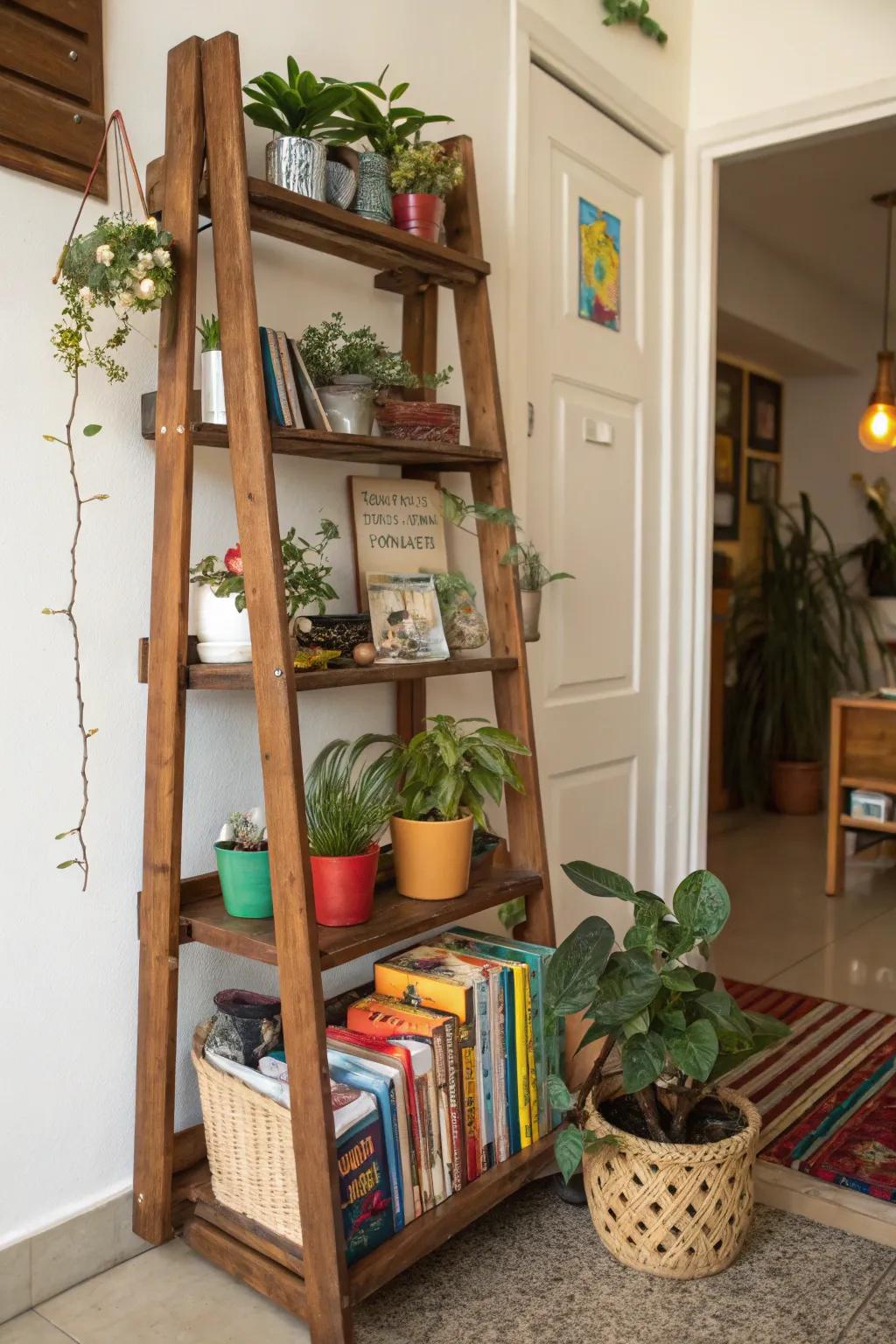 Nature-inspired timber ladder shelf as a stylish storage solution