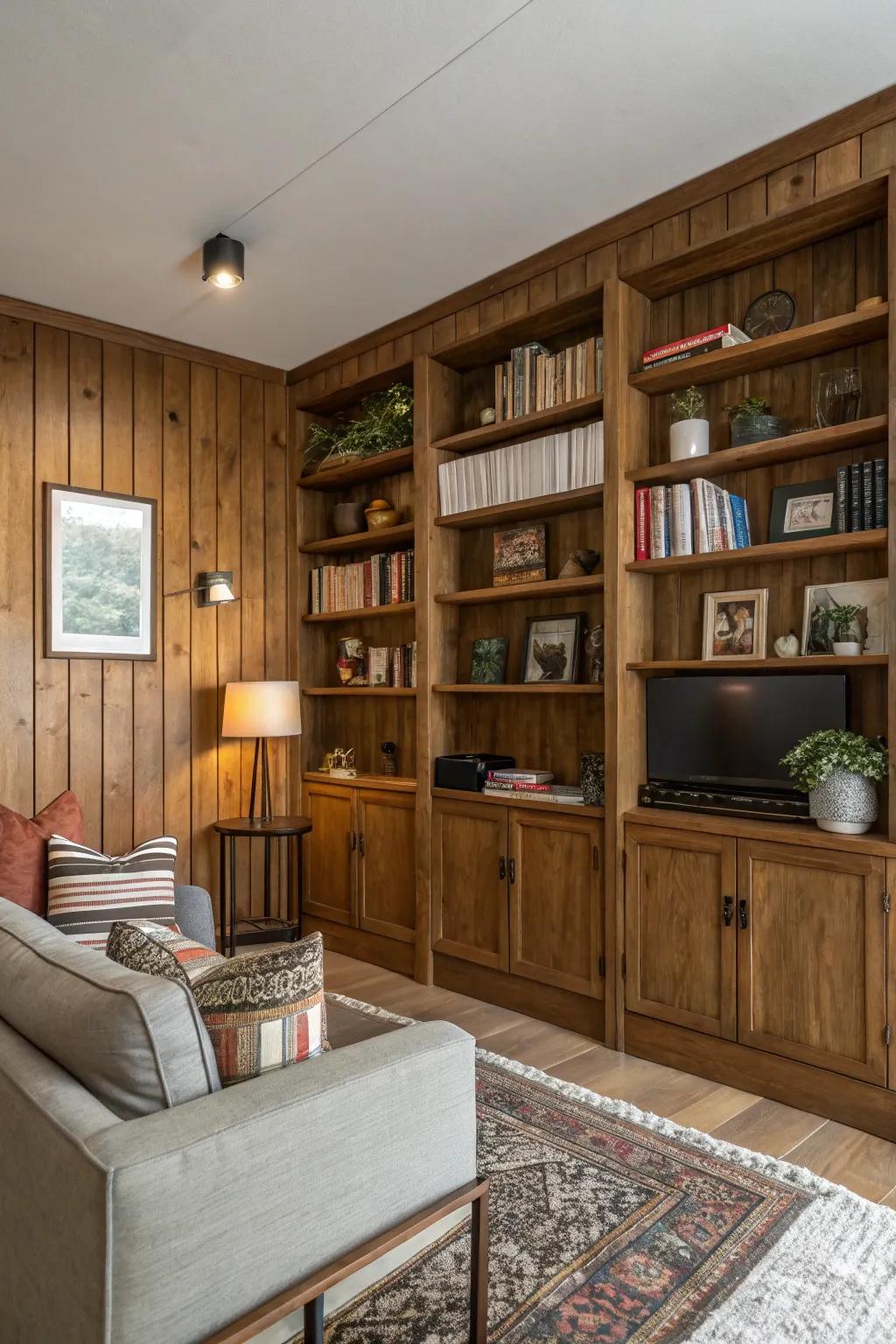 Integrated shelving with lumber panels maximizes room and style.