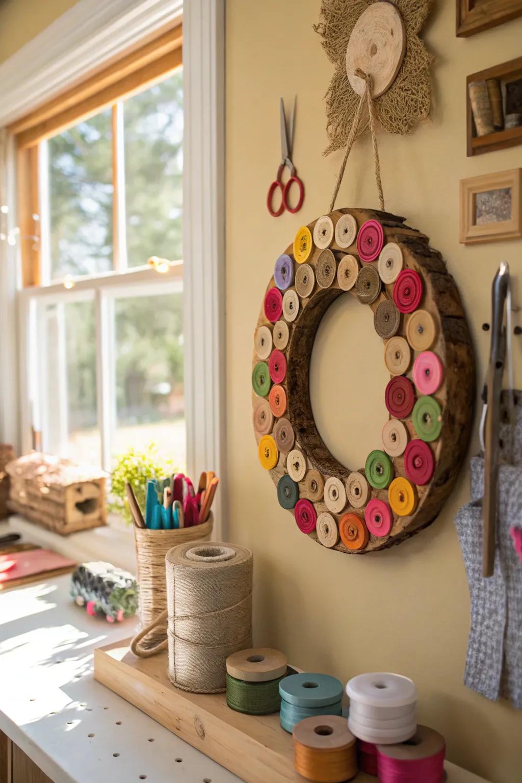 Wood rounds wreath highlighted by buttons, displaying a playful touch.