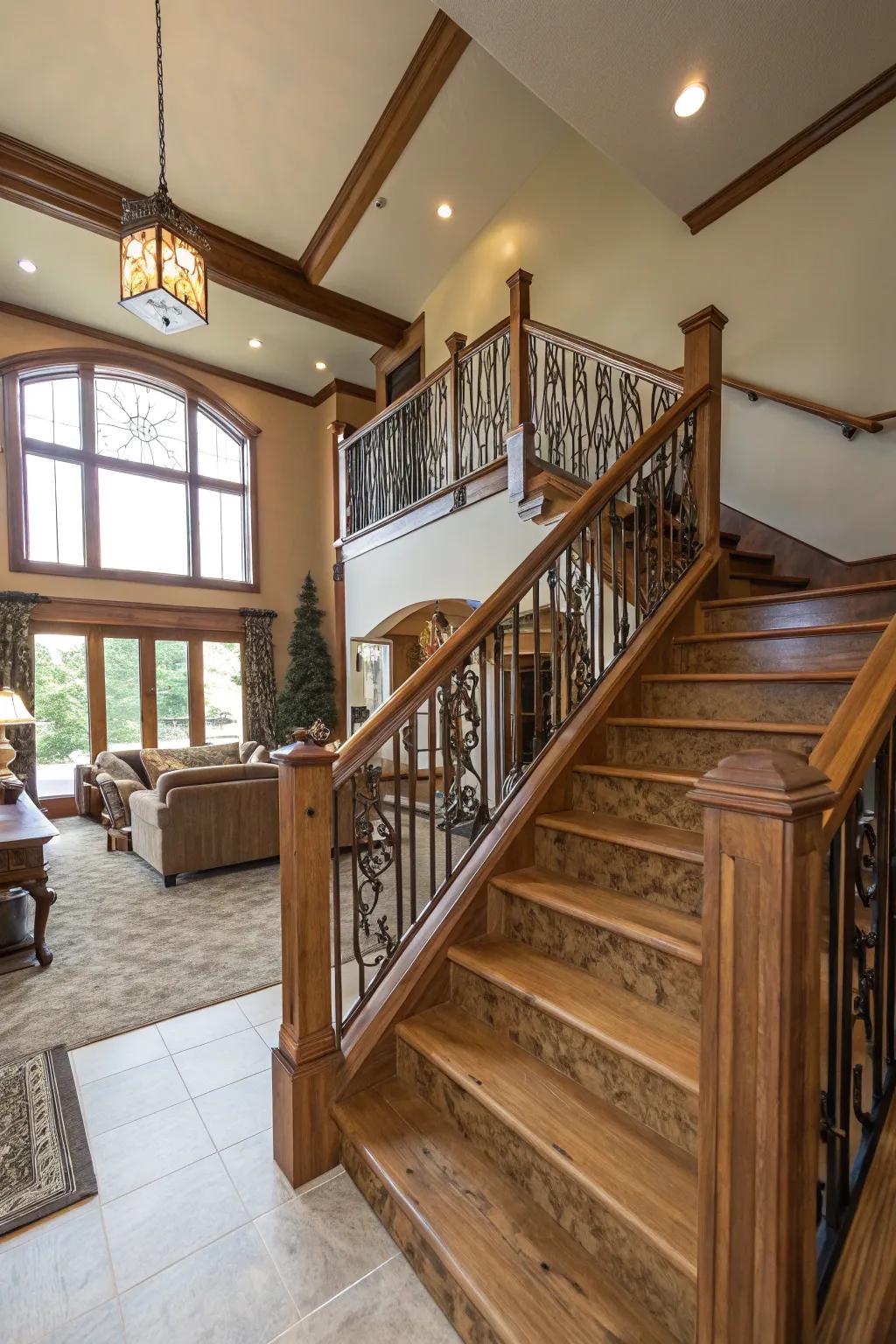Harmonious flow: all-around wooden railings.