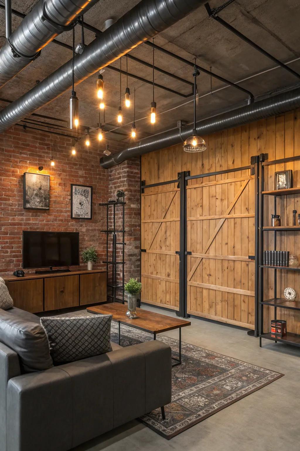 A lounge blending timber cladding with industrial components.