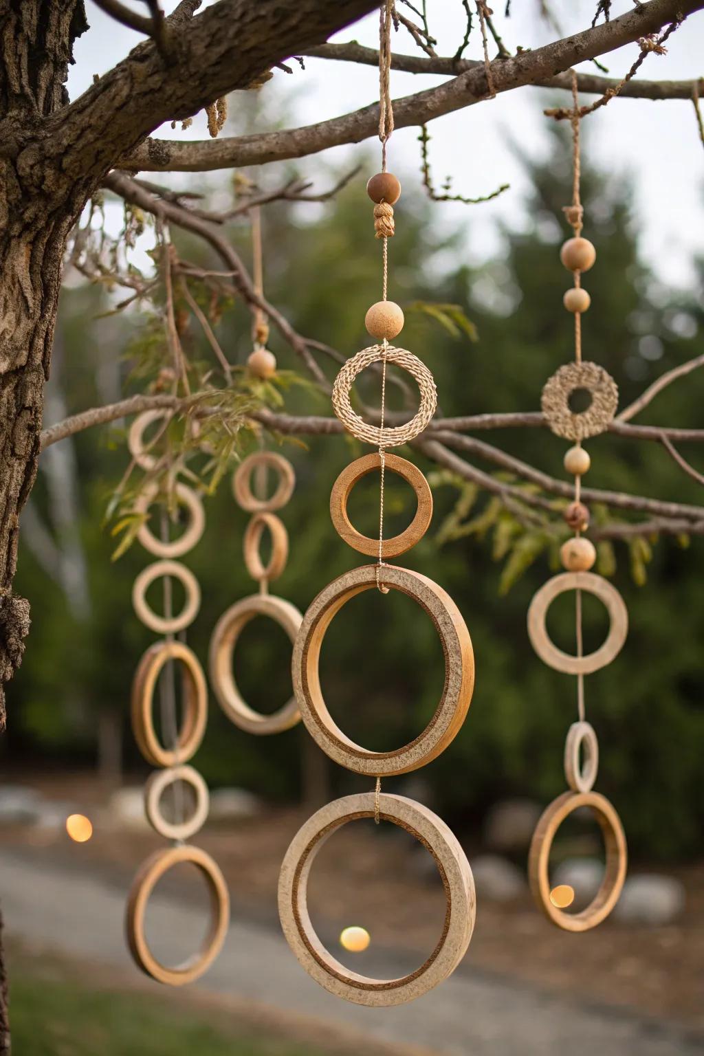 Arranged wood circles compose a singular, dimensional ornament display.
