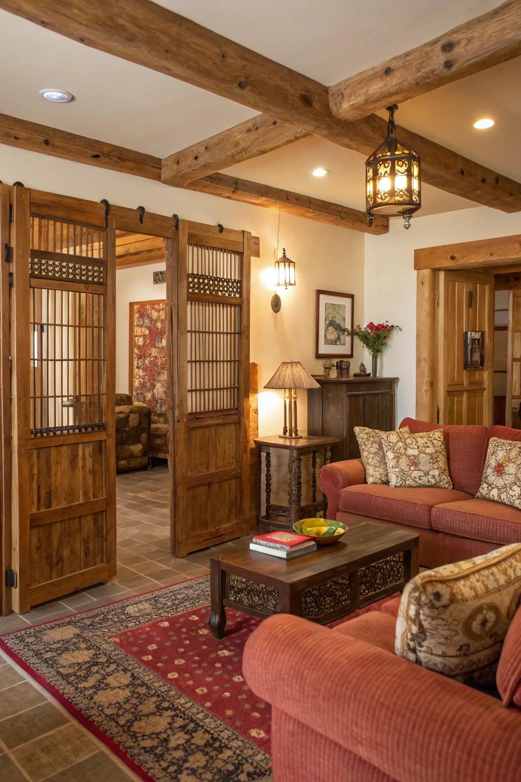 Homespun charm is brought to life with this beautifully textured wood screen.