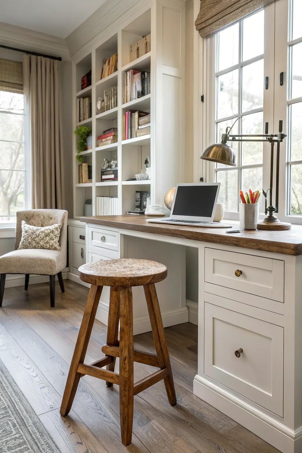 A wooden stool enhances the functionality of your home office space.