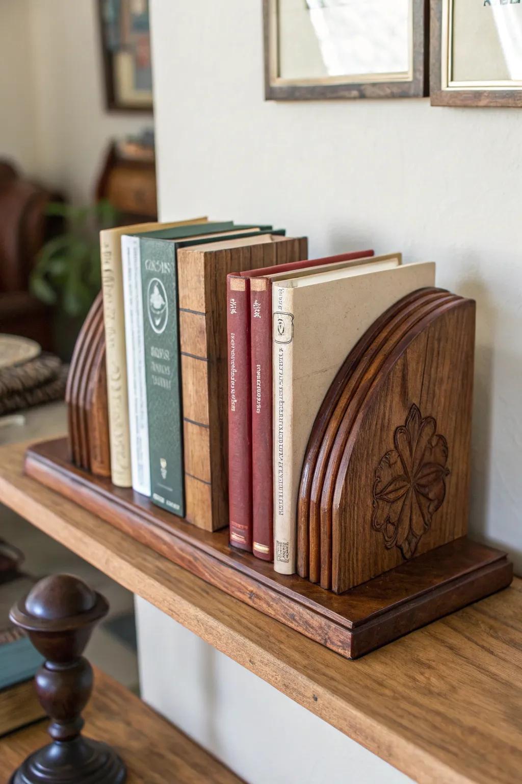 Wooden book supports that add a personal touch to a book collection.