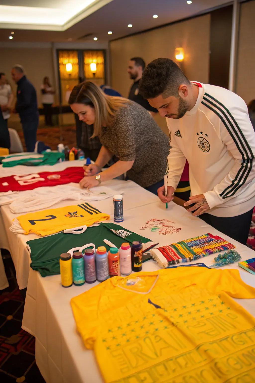 Everyone making customized soccer clothing as a souvenir.