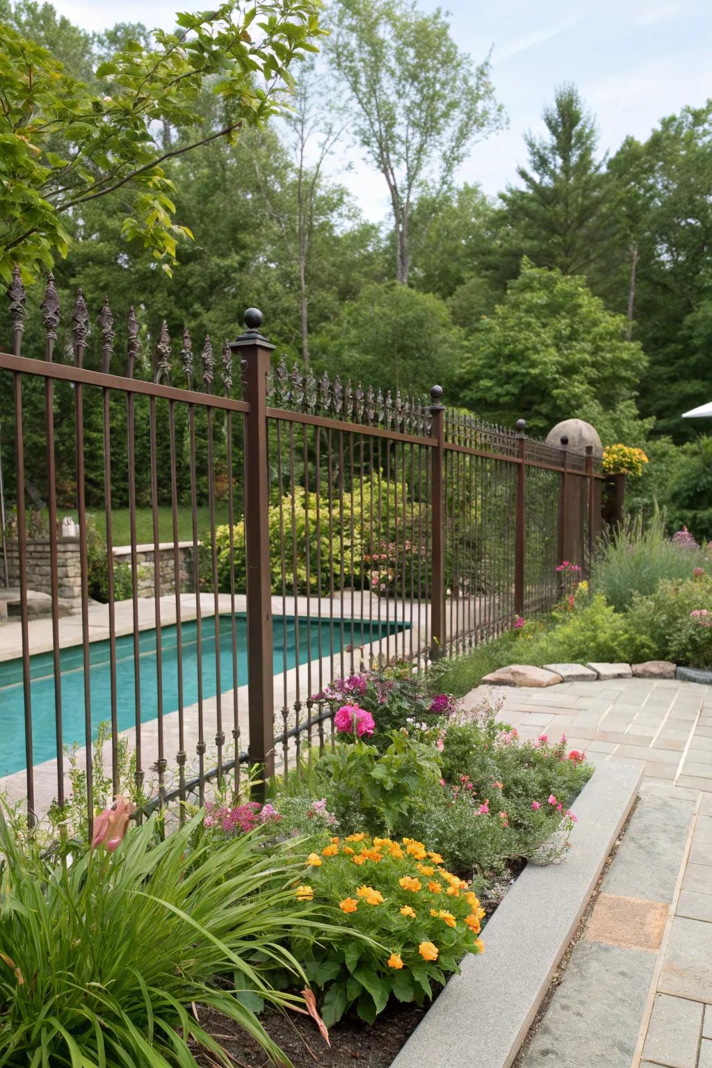 Eco-friendly coatings keep this forged metal fence sustainable and chic.