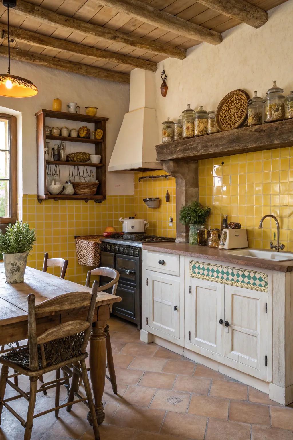Textured goldenrod tiles add rustic charm to the kitchen.