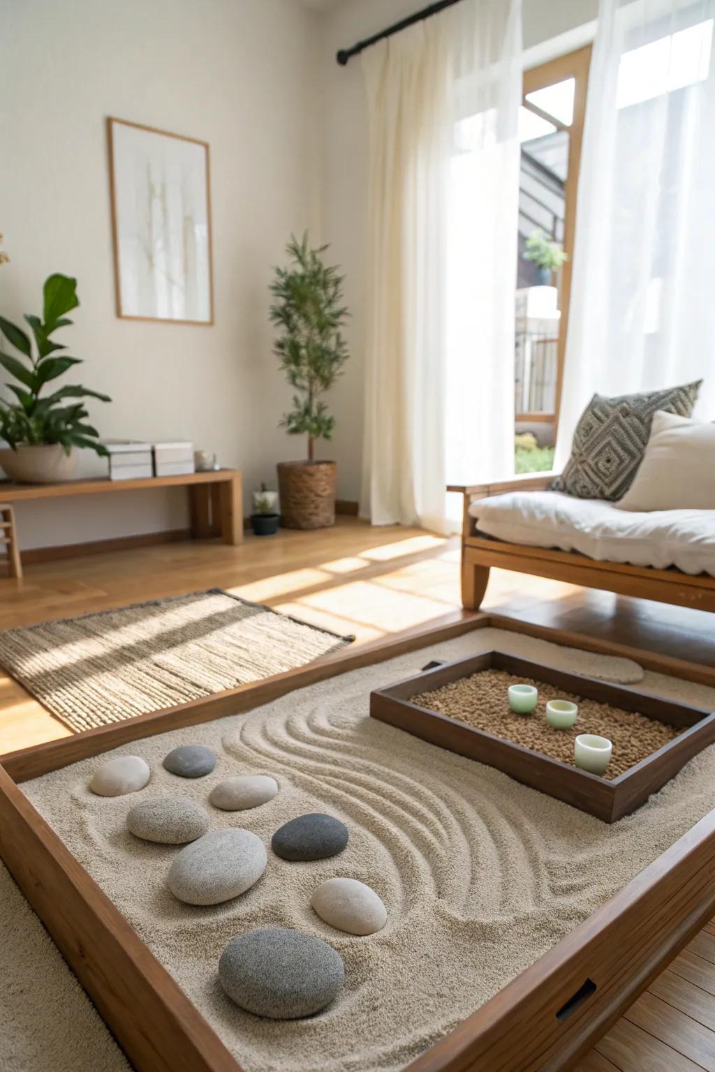 An indoor Zen garden brings a meditative quality to the room.