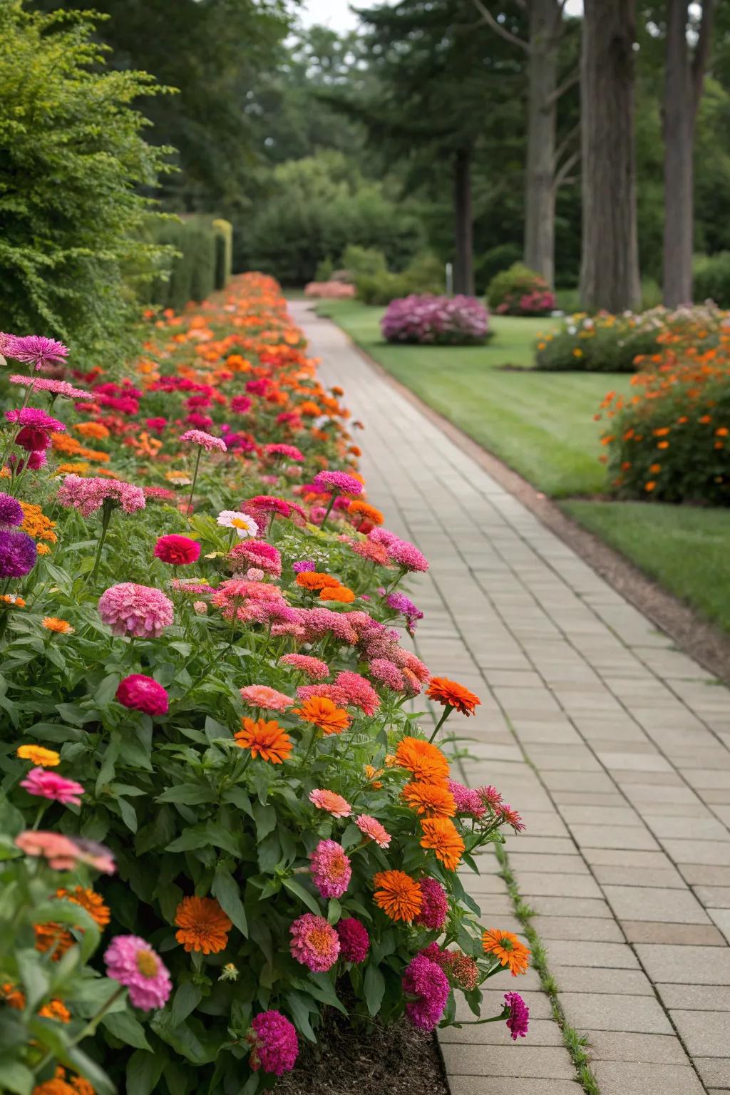 An enchanting garden pathway flanked by vibrant zinnias.