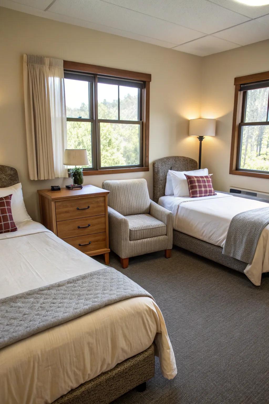 Strategic furniture arrangement enhances room flow.