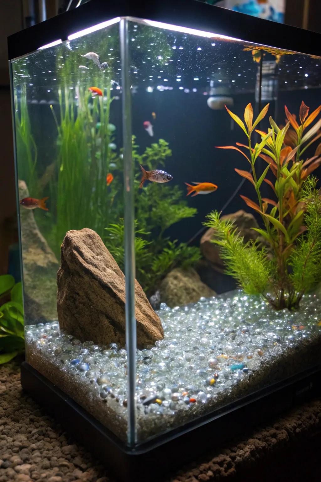 Glass stones add sparkle and elegance to the aquarium floor.