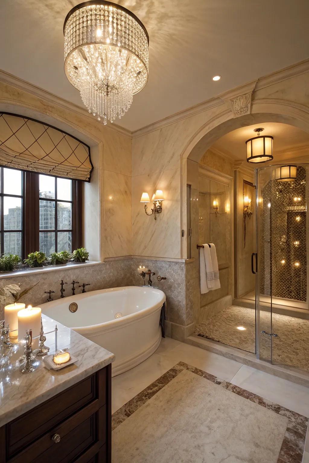 An opulent bathroom provides a spa-like experience in a private sanctuary.