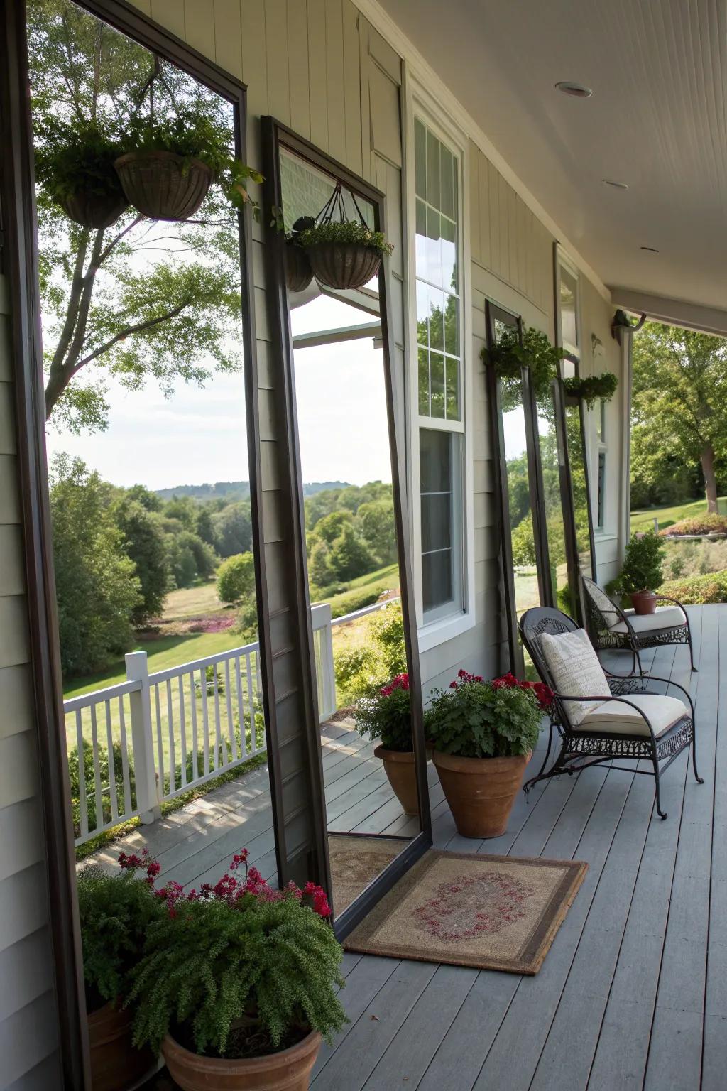Looking glasses enhancing space and light on the porch.