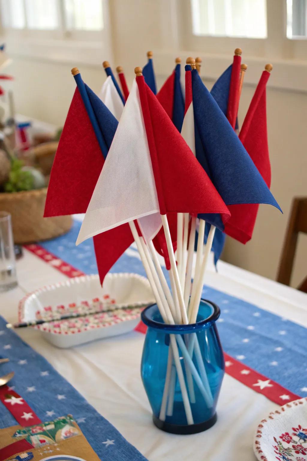Handcrafted patriotic fabric flags for a vintage touch