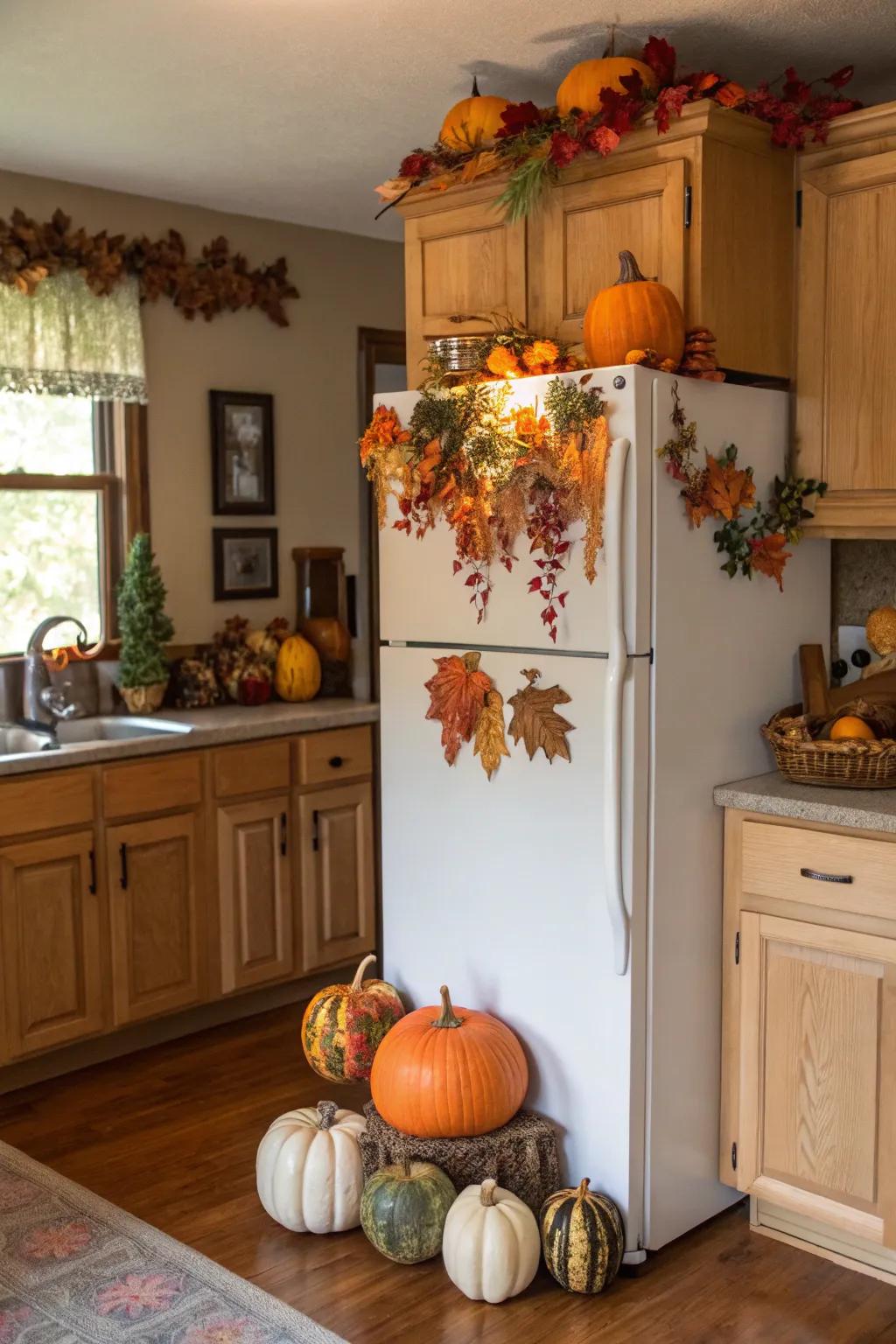 A seasonal arrangement over the refrigerator keeps the kitchen festive.